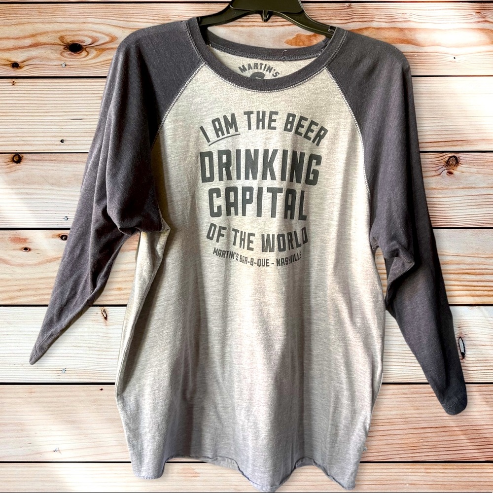 Tee from Martin’s BBQ tee 50/50 cotton poly grey with dark grey dol sleeves